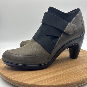 AEROSOLES Gray Brown Leather Black Strappy Ankle Booties w/ Heel CYPRESS 9.5‎ M
